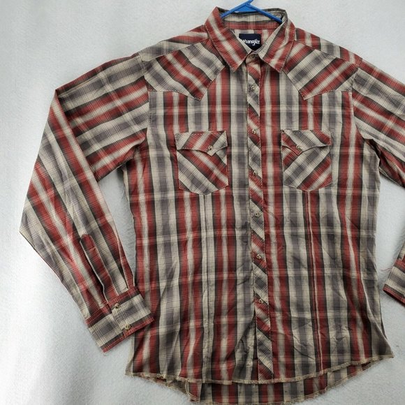 Wrangler Shirt Men's Long Sleeve Pearl Snap Up Plaid Spread Collar Brown XL - Picture 4 of 11